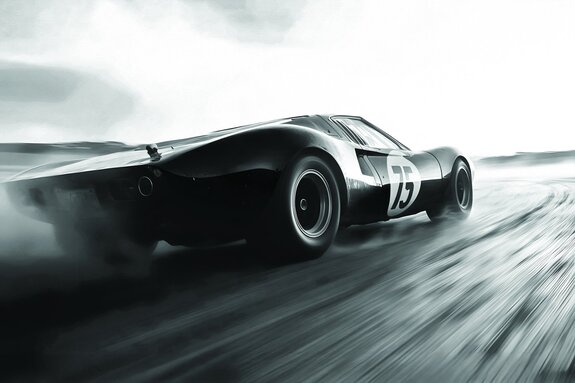 Zwart-witfoto van een retro-auto