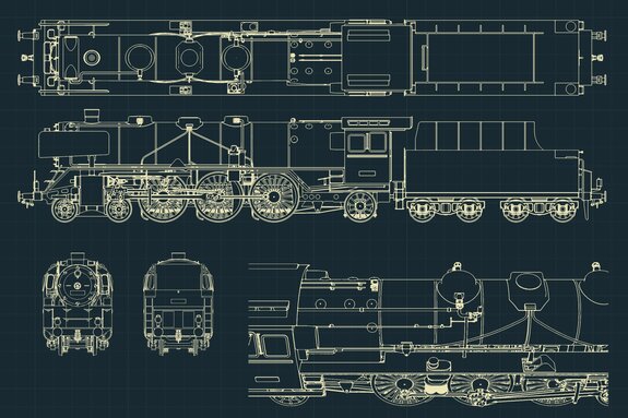 Schets van de mechanische onderdelen van de locomotief