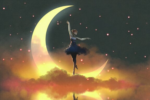 Een ballerina op een maanverlicht podium, omringd door wolken