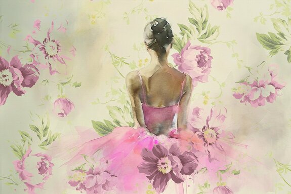 Een vrouw in een delicate roze jurk gewikkeld in bloemen