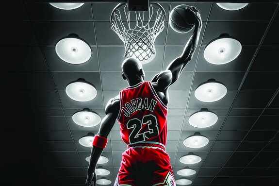 Een speler gooit de bal in de basket