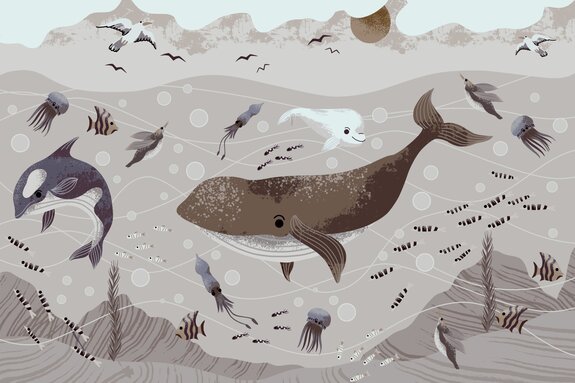 Walvis in de oceaan met kwallen