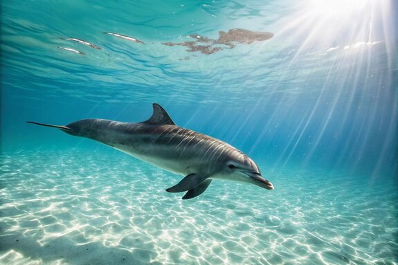 Een dolfijn zweeft boven de zeebodem