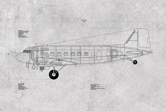 Technical drawing of an airplane on a gray textured background