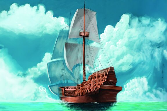 Een klassiek houten schip met gespreide zeilen