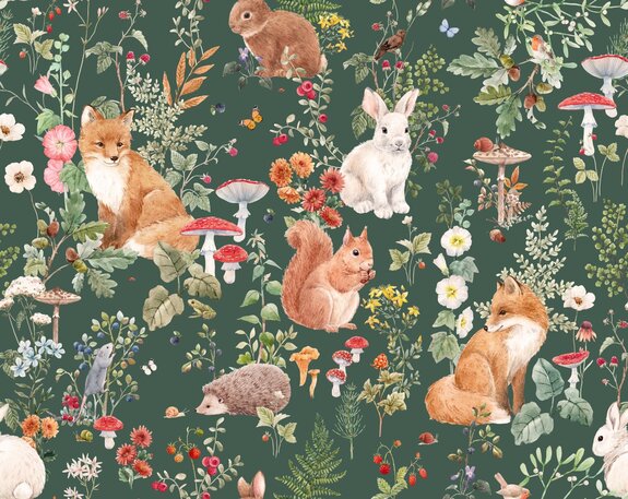 Plantenpatroon met paddenstoelen en vossen
