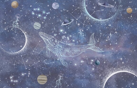 Een walvis in een abstracte ruimte