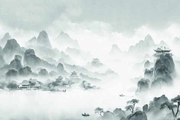 Zwart-wit aquarel van een japanse bron in de bergen