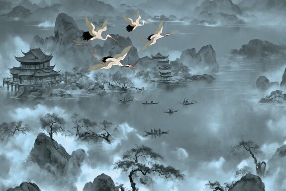 Japans landschap met pagodes, bergen en vliegende kraanvogels