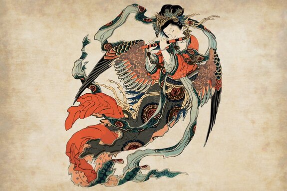 Japanse vrouw in traditioneel kostuum met een instrument