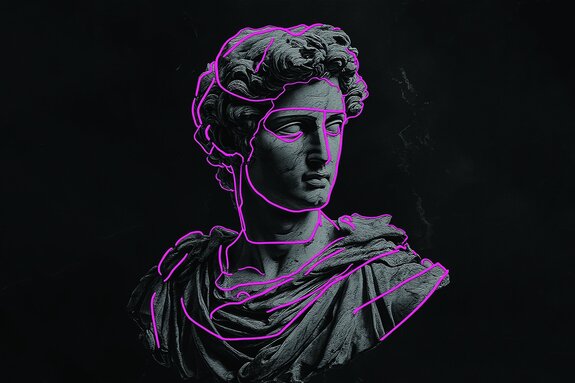 Griekse godensculptuur met neonroze lijnen