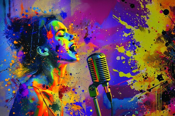 Kleurrijke illustratie van een vrouw die zingt met een microfoon