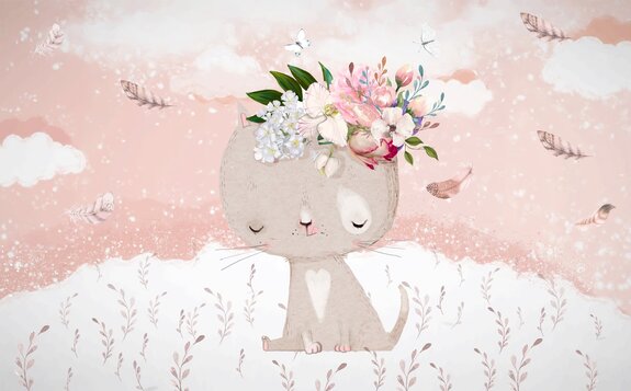 Een kitten met bloemen en vlinders in een weide in aquarelstijl