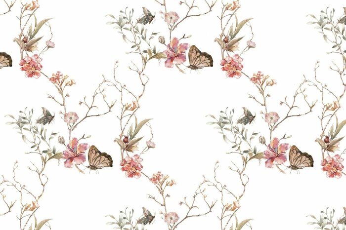 Aquarelbloemen op takken en vlinders botanisch patroon