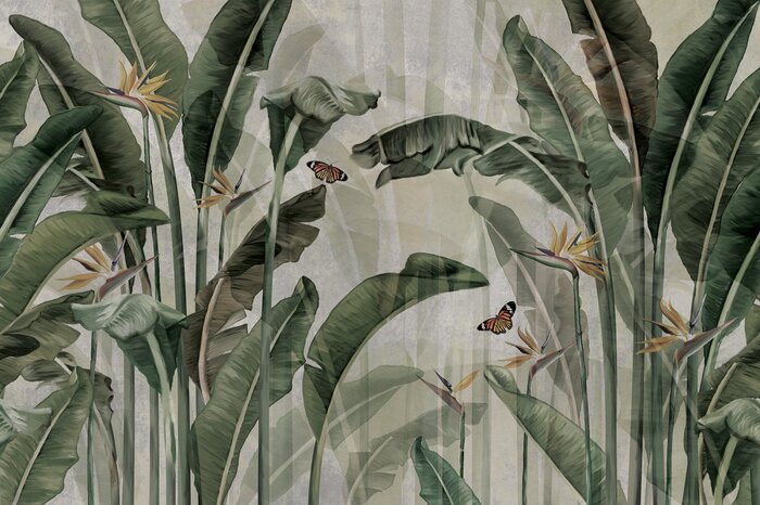 Groene bananenbladeren met strelitzia-bloemen en vlinders