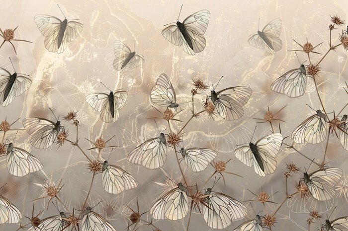 Vlinders en wilde veldplanten op een gestructureerde achtergrond, modern patroon