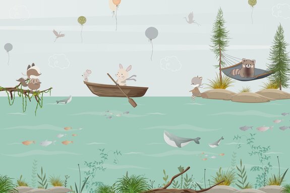 Marine theme for children animals in boats and fish