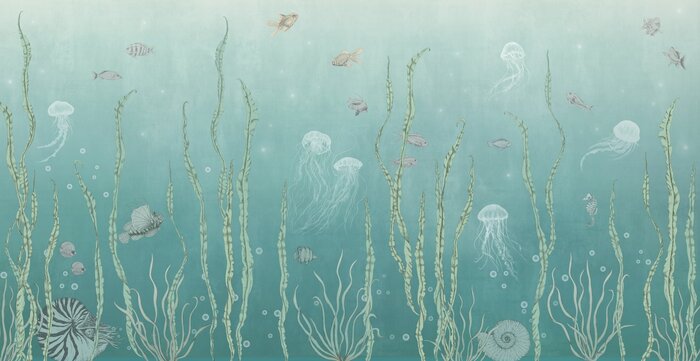 Vissen en kwallen tussen groene planten in een onderwaterlandschap