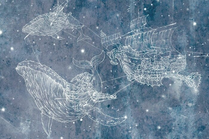 Kinderpatroon met walvissen en een schip op een achtergrond van sterren, abstracte illustratie