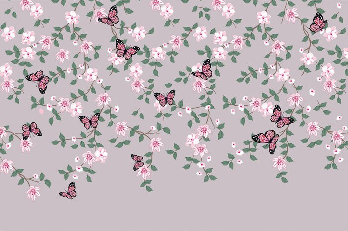 Roze vlinders en bloemen op takken met groen blad botanisch patroon