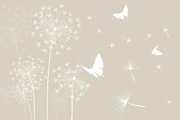 White butterflies and dandelions with seeds in the wind, minimalist pattern