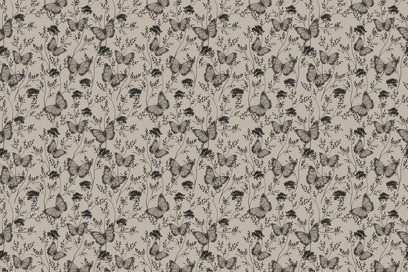 Butterflies among wildflowers, monochromatic retro botanical pattern motif