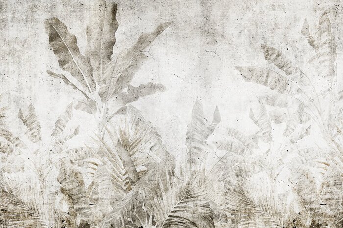 Bananenbladeren op een betonnen muur in een urban jungle-stijl.