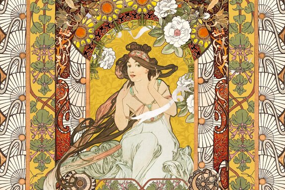 Artistiek beeld van een portret van een vrouw geïnspireerd door alfons mucha