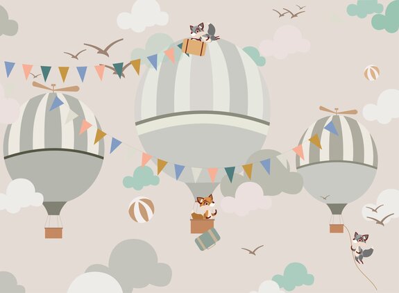 Vossen en dieren met ballonnen tegen een pastelkleurige luchtachtergrond