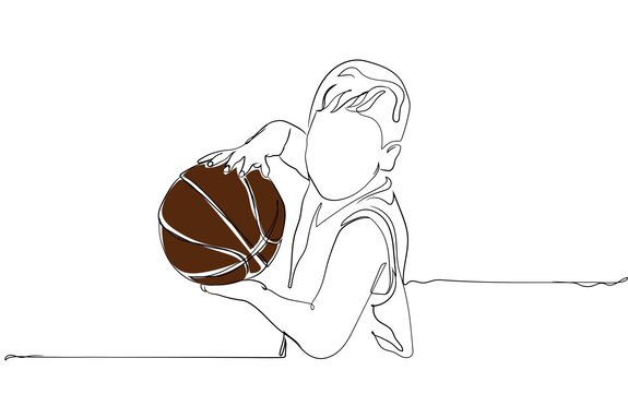 Een jonge jongen die basketbal oefent