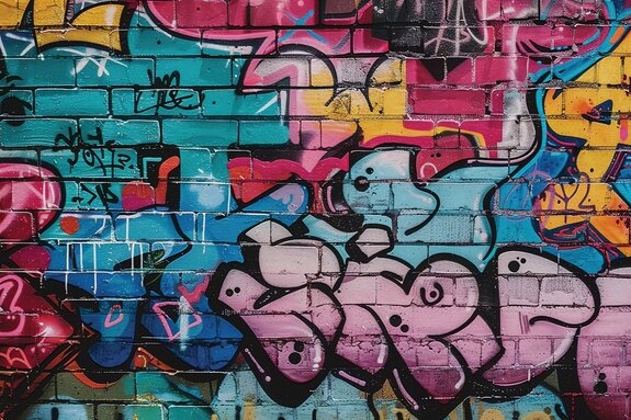 Kleurrijke graffiti op een bakstenen muur