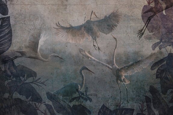 Vliegende kraanvogels en tropische bladeren