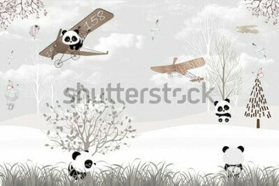 Beige illustratie met panda&#39;s en vliegtuigen