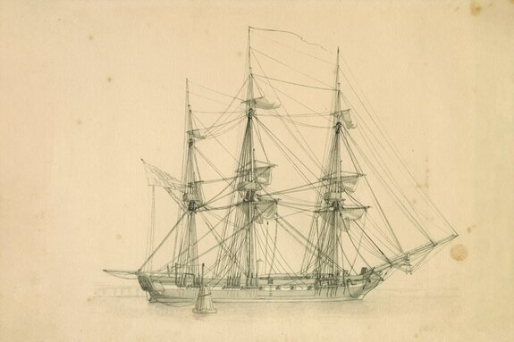 Geschetst schip met zeilen op textuur