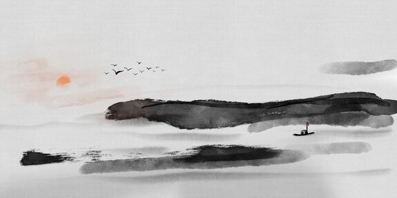 Chinees landschap, zee, vogels, zonsondergang