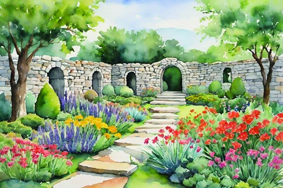 Handgeschilderd landschap vol bloemen