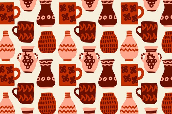 Met de hand versierde kleikruiken