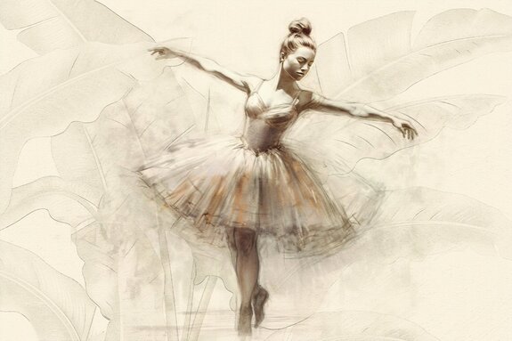 Een ballerina in een vloeiende jurk tegen een achtergrond van palmbladeren.