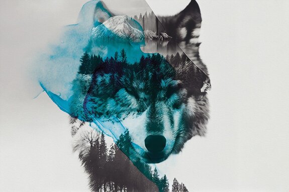 Abstract portret van een witte wolf in het bos