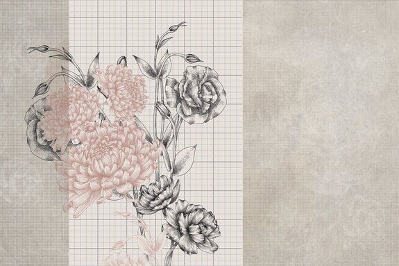 Bloemmotief met pioenrozen en rozen op een trellis