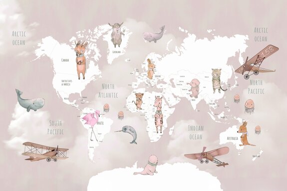 Wereldkaart met motieven van vliegtuigen en wilde dieren