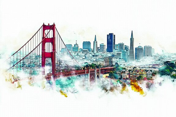 Aquarel van de golden gate bridge en de skyline van san francisco op de achtergrond