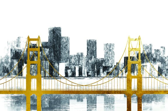 De goudkleurige golden gate bridge tegen de achtergrond van de skyline van san francisco