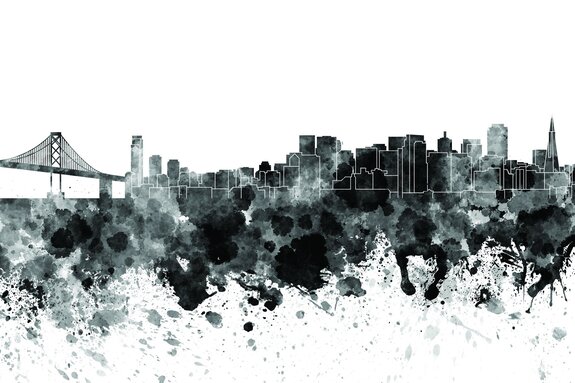 Zwart-wit aquarel van san francisco met de bay bridge