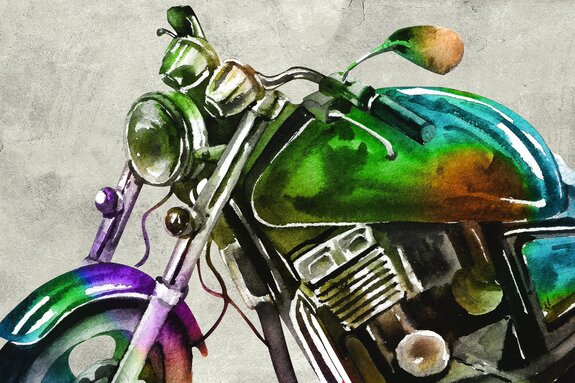 Aquarel motorfiets in groene en bruine tinten