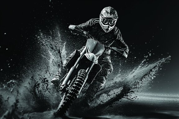 Een motorrijder met helm op een crossmotor in een dynamische opname