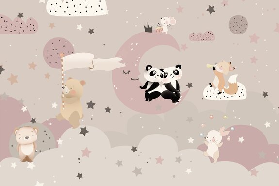 Panda&#39;s, vossen en konijnen op wolken