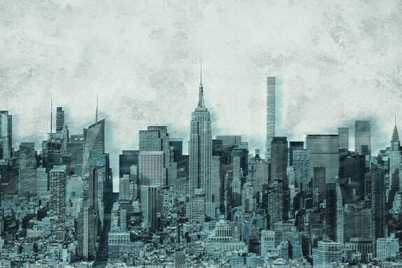 New yorkse wolkenkrabbers tegen de achtergrond van een betonnen constructie