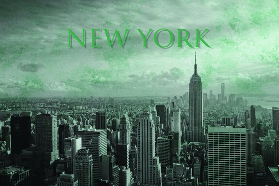 Luchtfoto van new york met groene letters op de achtergrond