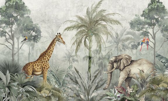 Exotische dieren in een groene aquareljungle